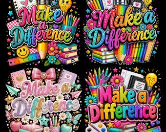 Puede incluir: Cuatro coloridas ilustraciones digitales con el texto Make a Difference, rodeado de material escolar como lápices, cuadernos, libros, reglas, bombillas, flores y lazos, todo sobre un fondo negro sólido.