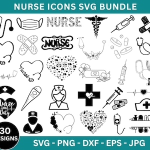 Ensemble Svg d&#39;icônes infirmière, Svg infirmière médecin, Silhouette d&#39;hôpital, stéthoscope matériel médical coupe fichiers, usage commercial, fichiers de coupe Cricut