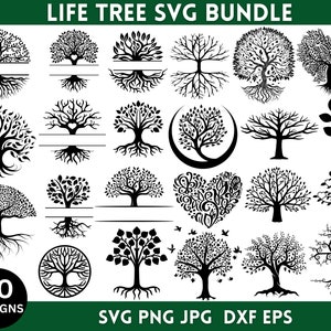 May include: A collection of 50 black and white tree designs in SVG, PNG, JPG, DXF, and EPS formats. The designs include various tree styles, some with roots, leaves, and heart shapes. The words "LIFE TREE SVG BUNDLE" and "50 DESIGNS" are also visible.