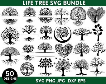 May include: A collection of 50 black and white tree designs in SVG, PNG, JPG, DXF, and EPS formats. The designs include various tree styles, some with roots, leaves, and heart shapes. The words "LIFE TREE SVG BUNDLE" and "50 DESIGNS" are also visible.