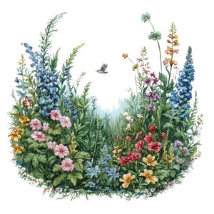 Pu&ograve; includere: Un dipinto ad acquerello di un'arrangiamento circolare di fiori selvatici colorati, tra cui fiori blu, rosa, rossi, gialli e bianchi. I fiori sono circondati da foglie e steli verdi.