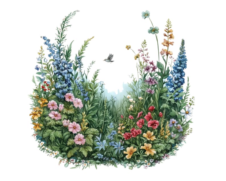 Pu&ograve; includere: Un dipinto ad acquerello di un'arrangiamento circolare di fiori selvatici colorati, tra cui fiori blu, rosa, rossi, gialli e bianchi. I fiori sono circondati da foglie e steli verdi.