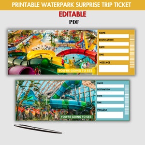 Modèle de billet de voyage surprise au parc aquatique modifiable, billet cadeau, billet surprise, modèle de billet, vous allez au parc aquatique, téléchargement immédiat