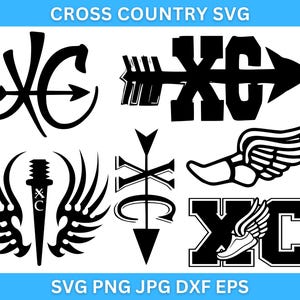 May include: A set of 8 black and white SVG designs for cross country running. The designs include a running shoe with wings, an arrow with the letters XC, a winged spear, and a cross with an arrow.
