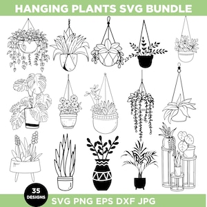 May include: A set of 35 black and white line art SVG designs of hanging plants in various styles. The designs include plants in pots, hanging baskets, and on stands. The designs are perfect for crafting, home decor, and more.
