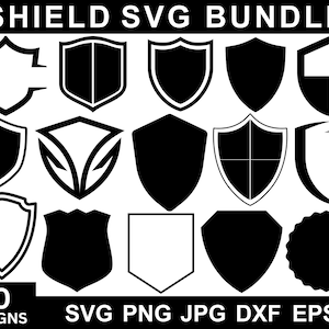 Puede incluir: Un conjunto de 20 diseños de escudos SVG en blanco y negro. Los escudos son de varias formas y estilos, incluyendo clásico, moderno y abstracto. El texto "SHIELD SVG BUNDLE" está en la parte superior de la imagen. El texto "20 DESIGNS" está en la parte inferior izquierda de la imagen. El texto "SVG PNG JPG DXF EPS" está en la parte inferior derecha de la imagen.