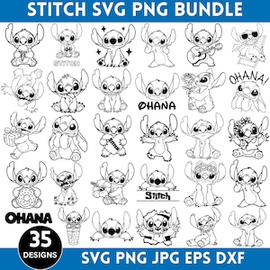 Op de afbeelding: Een zwart-wit SVG- en PNG-bundel met 35 ontwerpen van het personage Stitch in verschillende poses. De ontwerpen omvatten Stitch met een gitaar, een cadeau en een hart. Tekst omvat "Stitch", "Ohana" en "35 Designs".