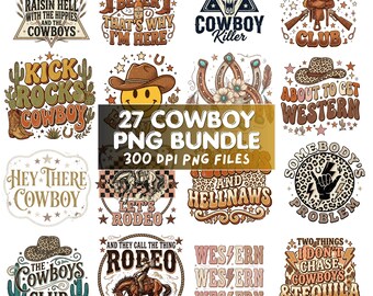 Puede incluir: Una colección digital de 27 diseños gráficos de temática western con sombreros de vaquero, botas, caballos, calaveras, cactus y estampados de leopardo. El texto incluye frases como 'Cowboy Killer', 'Let's Rodeo' y '27 COWBOY PNG BUNDLE'.