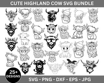 Pacchetto Svg di mucca delle Highland, Svg di mucca floreale, Clipart di mucca, File di taglio di animali da fattoria, Png di mucca delle Highland, File Svg per Cricut, Download immediato