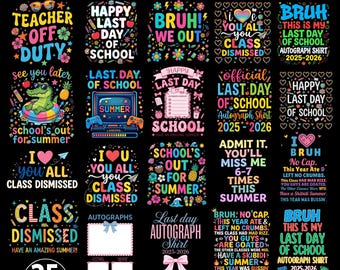 Puede incluir: Un paquete de descarga digital de 25 diseños PNG con texto y gráficos coloridos, perfecto para proyectos de fin de curso escolar. Incluye frases como "Last Day of School" y "Teacher Off Duty", con una resolución de 300 DPI.