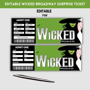 Druckbares Wicked Broadway Surprise Ticket, Andenken für den Eintritt ins Musiktheater, bearbeitbare Konzertkarte, PDF, Sofortdownload