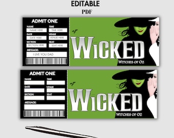 Printable Wicked Broadway Surprise Ticket, Musical Theatre Faux Event Admission Keepsake, Editable Concert Ticket, PDF Instant Download