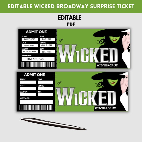 Printable Wicked Broadway Surprise Ticket, Musical Theatre Faux Event Admission Keepsake, Editable Concert Ticket, PDF Instant Download