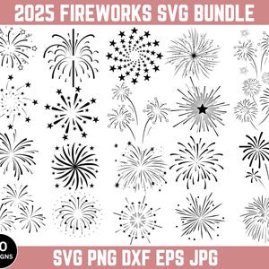 Op de afbeelding: Een set van 20 zwart-witte vuurwerk SVG-ontwerpen. De vuurwerk is in verschillende vormen en maten, waaronder sterretjes, spiralen en uitbarstingen.