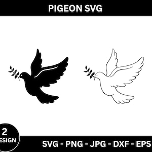May include: A black and white graphic featuring two dove designs. One dove is solid black, the other is a white outline. Both doves hold a sprig in their beaks. The text "PIGEON SVG" is at the top.