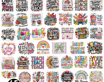 Puede incluir: Un conjunto de 45 diseños de sublimación con temática de profesores. Los diseños presentan varias citas, gráficos e ilustraciones, incluyendo manzanas, libros, lápices y tazas de café. La paleta de colores incluye rojo, azul, verde y amarillo. El texto incluye "Teacher", "Best Teacher Ever".