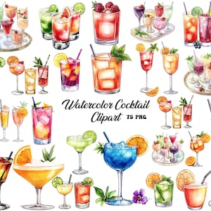Puede incluir: Ilustraciones de acuarela de 75 bebidas de cóctel diferentes. Las ilustraciones son de varios colores y estilos, y presentan una variedad de frutas, flores y otros elementos decorativos. El texto "Watercolor Cocktail Clipart 75 PNG" es visible en la imagen.