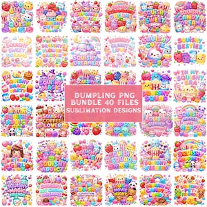 Könnte beinhalten: Eine digitale Sammlung von vierzig farbenfrohen Sublimationsdesigns mit niedlichen, anthropomorphen Squishy-Figuren, Lebensmitteln und Süßigkeiten sowie verschiedenen verspielten Textphrasen wie 'Squishy Squad' in einem lebendigen Cartoon-Stil.