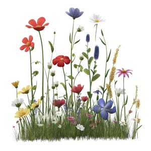 Pu&ograve; includere: Un vibrante prato di fiori selvatici con una variet&agrave; di fiori colorati, tra cui fiori rossi, rosa, gialli, blu e bianchi. I fiori sono circondati da erba verde e foglie.