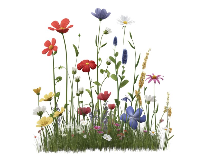 Pu&ograve; includere: Un vibrante prato di fiori selvatici con una variet&agrave; di fiori colorati, tra cui fiori rossi, rosa, gialli, blu e bianchi. I fiori sono circondati da erba verde e foglie.
