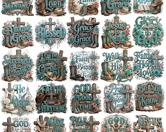 Puede incluir: Una colección de veinticinco diseños gráficos individuales con temas religiosos, cruces, sombreros de vaquero, botas y detalles florales en tonos turquesa y marrón. Cada diseño incluye textos inspiradores como Faith Can Move Mountains.