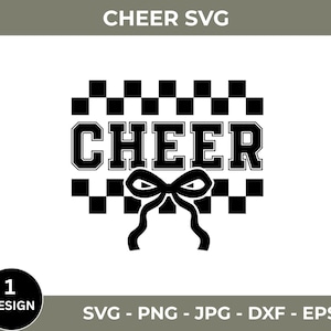 May include: Black and white checkered design with a bow and the word "CHEER" in a bold font.