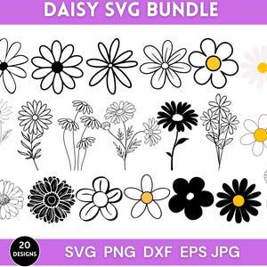 May include: A set of 20 daisy flower SVG designs in black and white, with some in color. The designs include solid daisies, daisies with petals, and daisies with a center. The designs are perfect for crafting, scrapbooking, and other creative projects.