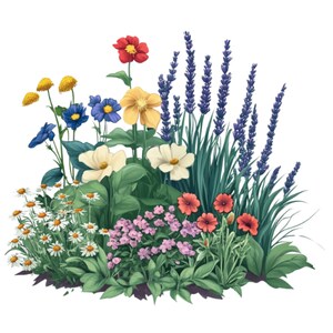 Pu&ograve; includere: Un arrangiamento floreale colorato con fiori di lavanda, gialli, bianchi, blu e rossi. I fiori sono disposti a grappolo e sono circondati da foglie verdi.
