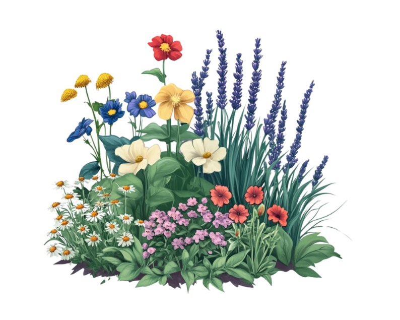 Pu&ograve; includere: Un arrangiamento floreale colorato con fiori di lavanda, gialli, bianchi, blu e rossi. I fiori sono disposti a grappolo e sono circondati da foglie verdi.