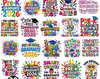 Puede incluir: Una colección de 28 diseños PNG coloridos para la graduación de Pre-K en 2026. Cada diseño presenta texto y gráficos lúdicos, incluyendo estrellas, gorras de graduación y frases de celebración como "Peace Out" e "I Did It!"
