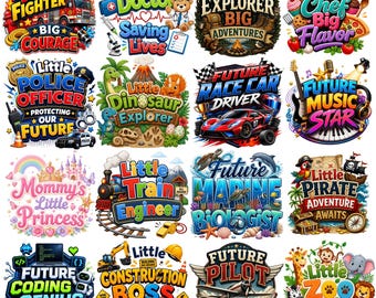 Puede incluir: Una colección de dieciséis pegatinas gráficas coloridas con varios temas de carreras y pasatiempos para niños, incluyendo Little Fire Fighter, Future Doctor, Tiny Explorer, Little Chef, Police Officer, Dinosaur Explorer, Race Car Driver, Music Star, Princess, Train Engineer, Marine Biologist, Pirate, Coding Genius, Construction Boss, Pilot y Zoo Keeper.