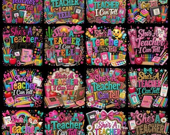 Puede incluir: Una colección de dieciséis diseños gráficos digitales con el texto "She's A Teacher I Can Tell" rodeado de coloridos útiles escolares, incluyendo lápices, cuadernos, manzanas, paletas de pintura y lazos sobre un fondo negro.