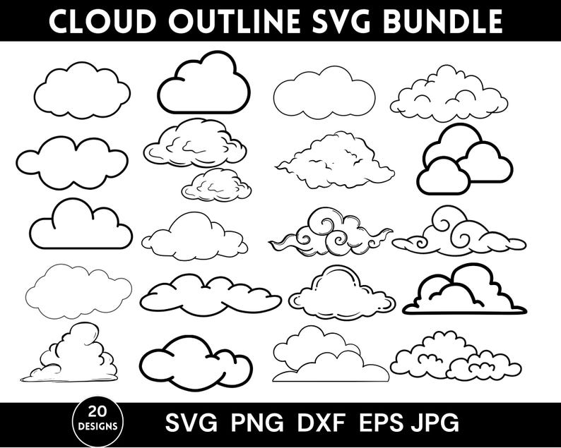 Cloud Svg Bundle, Cloud Outline Svg, Cloud Clipart, Cloud Png Bundle ...