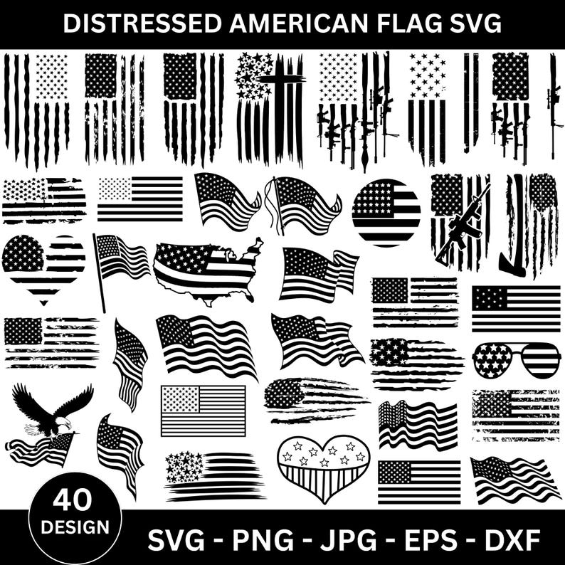 May include: A collection of 40 distressed American flag designs in black and white. The designs include various styles, such as waving flags, flags with stars, and flags with patriotic symbols. The text "DISTRESSED AMERICAN FLAG SVG" and file type options are also included.