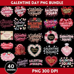 Pode incluir: Um pacote de arte digital com 40 designs para o Dia dos Namorados. Os designs incluem formas de coração, grinaldas florais e o texto "Galentine Squad" em várias fontes e estilos. A paleta de cores é principalmente rosa, vermelho e branco sobre um fundo preto.