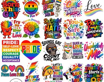 Puede incluir: Una colección digital de 32 diseños PNG de sublimación para el Mes del Orgullo con gráficos coloridos de arcoíris, corazones, flores y eslóganes como Born This Gay, Pride Love y Equality Hurts No One, dispuestos en una cuadrícula sobre fondo blanco.