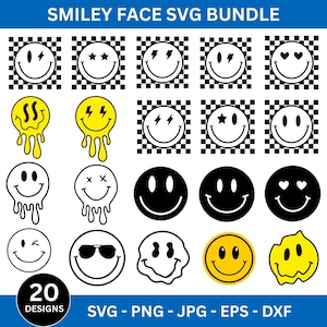 Smiley Face Svg Bundle, Smiley Emoji Svg Png, Groovy Smiley Face Svg, Emoji Svg, Happy Face Svg, Cricut, Instant Download, Smiley Face Png