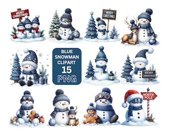 Christmas Snowman Clipart Bundle, Blue Snowman Png, Christmas Clipart, Snowman Family Winter Clipart, Christmas Png, Christmas Sublimation