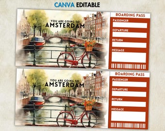 Editable Amsterdam Ticket Template, Netherland Surprise Trip Gift, You’e Going To Amsterdam, Boarding Pass, Flight, Instant Download