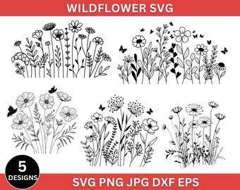 May include: Five black and white line art designs of wildflowers. Each design features a cluster of flowers and leaves with butterflies. The text "WILD FLOWER SVG" is at the top of the image. The text "5 DESIGNS" is at the bottom left of the image. The text "SVG PNG JPG DXF EPS" is at the bottom right of the image.
