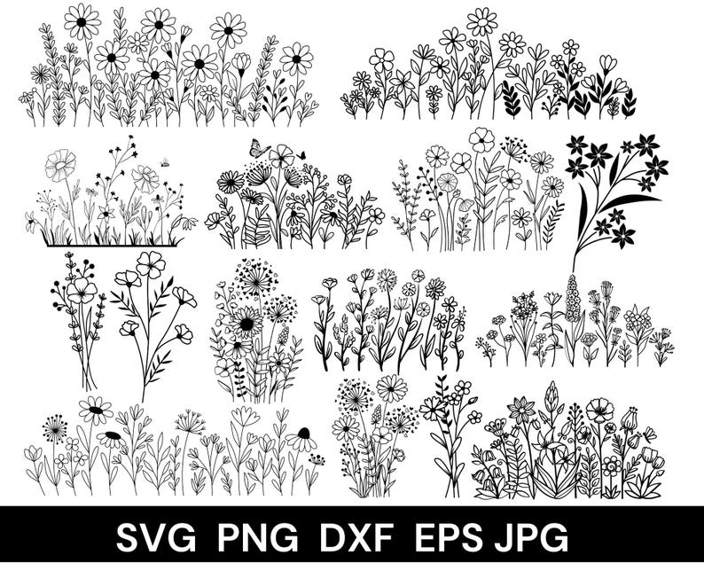 May include: A set of ten black and white vector illustrations of various flower arrangements. Each arrangement features different types of flowers and foliage, creating a whimsical and delicate aesthetic.