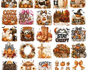 Paquete de 46 imágenes PNG de Halloween, fantasma lindo PNG, imágenes prediseñadas de calabaza bruja, sublimación de temporada espeluznante, diseño de camiseta de calabaza fantasma, descarga digital