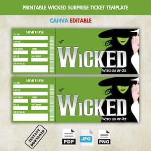 Druckbares Wicked Broadway Surprise Ticket, Andenken für den Eintritt ins Musiktheater, bearbeitbare Konzertkarte, PDF, Sofortdownload