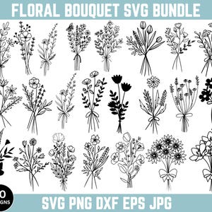 Blumenstrauß-Svg-Bundle, Blumenstrauß, Blumenschmuck, Hochzeitsschmuck, Botanische Aufschrift, Wildblumen, Süßer Strauß, sofortiger Download, Silhouette