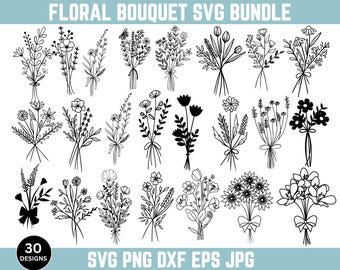 Floral Bouquet Svg Bundle, Flowers Bouquet, Flower Svg, Wedding Svg, Botanical Svg, Wildflowers, Cute Bouquet, Instant Download, Silhouette