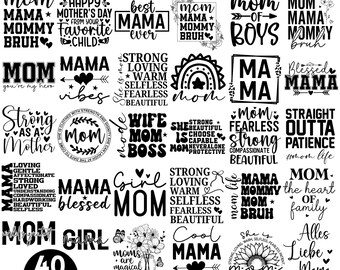 Puede incluir: Un paquete SVG del Día de la Madre con 40 diseños en blanco y negro. Los diseños incluyen frases como "Mamá", "La mejor mamá de todas" y "Mamá genial", junto con gráficos florales y de corazón. Disponible en formatos SVG, PNG, JPG, EPS y DXF.