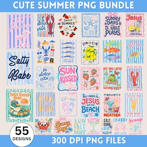 Paquete de 54 imágenes PNG de playa a rayas de verano, lazo costero preppy PNG, margarita de vacaciones PNG, ambiente veraniego PNG, paquete de playa retro, descarga digital
