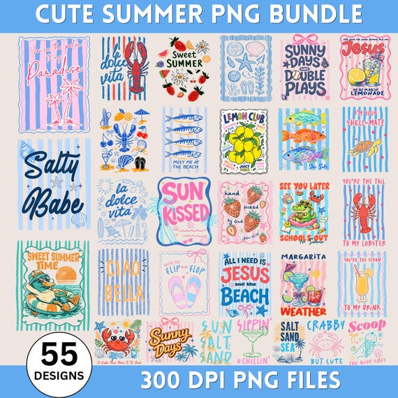 54 Summer Striped Beach Png Bundle, Preppy Coastal Bow Png, Vacation Margarita Png, Summer Vibes Png, Retro Beach Bundle, Digital Download