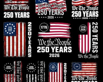 Puede incluir: Una colección de nueve diseños gráficos que presentan la bandera estadounidense, el texto We The People, 250 YEARS y los años 1776 y 2026. Los diseños incorporan colores rojo, blanco y azul con texturas desgastadas y patrones de estrellas.