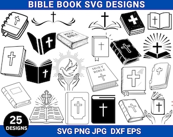 Może przedstawiać: Zestaw 25 czarno-białych wzorów SVG przedstawiających różne ilustracje Biblii, krzyży i gołębi. Tekst "BIBLE BOOK SVG DESIGNS" i "25 DESIGNS" jest zawarty w obrazie. Tekst "HOLY BIBLE" pojawia się dwa razy na obrazie. Tekst "SVG PNG JPG DXF EPS" również znajduje się na obrazie.